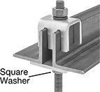 Image of ProductInUse. Shown With One Pair of Angles. Front orientation. Contains Annotated. Beam Clamps. Angle Iron Beam Clamps for Threaded Rods.