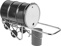 Image of ProductInUse. Front orientation. Drum Trucks. Stainless Steel Drum Dispensing Trucks.
