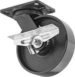 Image of Product. Swivel with Left Side Brake. Front orientation. Swivel Casters. High-Capacity Kingston Casters with Metal Wheels, Wheel Brake, Left-Side Brake.