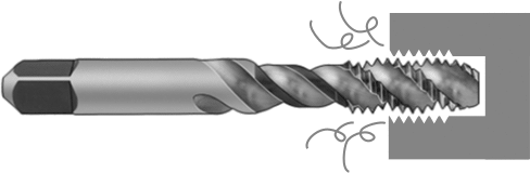 Image of ProductInUse. Front orientation. TiN-Coated High-Speed Steel Chip-Clearing Tap, for Blind Holes, Plug Chamfer, 1/4"-20 Thread Size.
