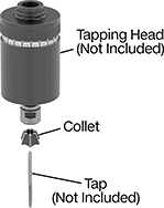 Image of System. Front orientation. Exploded view. Contains Annotated. Tapping Head Collets. Auto-Reversing Tapping Head Collets, For Tapmatic.
