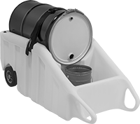 Image of ProductInUse. Shown in Dispensing Position. Front orientation. Drum Trucks. Spill-Control Drum Dispensing Trucks.