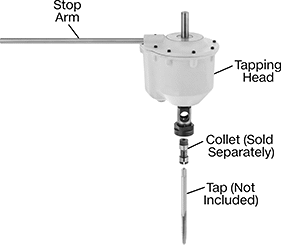 Image of System. Front orientation. Exploded view. Contains Annotated. Tapping Heads. Straight-Shank Auto-Reversing Tapping Heads.
