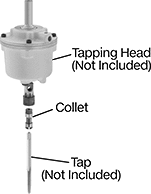 Image of System. Front orientation. Exploded view. Contains Annotated. Tapping Head Collets. Auto-Reversing Tapping Head Collets, For Procunier.