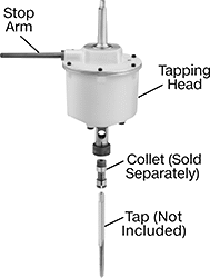 Image of System. Front orientation. Exploded view. Contains Annotated. Tapping Heads. Morse Taper Auto-Reversing Tapping Heads.