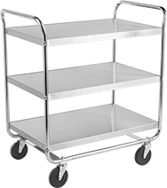 Image of Product. Style A with Three Shelves. Front orientation. 3 Shelves. Food and Beverage Stainless Steel Carts, Style A.