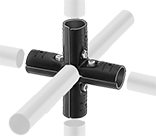 Image of ProductInUse. Six-Way Cross. Front orientation. Exploded view. Clamp-On Framing and Fittings. Clamp-On Framing and Fittings , Connectors, Six-Way Cross.
