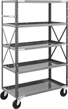 Image of Product. Front orientation. Shelving. Lipped Shelving, Rolling, Open Shelving with 5 Shelves.