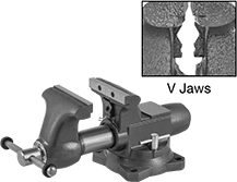 Image of Product. Front orientation. Contains Annotated, Inset. Vises. Weather-Resistant Bench Vises, Industrial with Flat and V-Jaws.