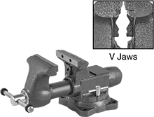 Image of Product. Front orientation. Contains Annotated, Inset. Vises. Bench Vises, Industrial with Flat and V-Jaws.