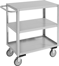 Image of Product. Style D with Three Shelves. Front orientation. Style D. Stainless Steel Carts, 1 Handle, 3 Shelves.