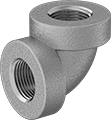 Image of Product. Female. Front orientation. Pipe and Fittings. Low-Pressure Aluminum Threaded Pipe Fittings, 90° Elbow Connectors, Threaded Fitting Connection, Female.