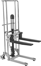 Image of Product. Front orientation. Lift Trucks. Manual Lift Trucks with Forks, Standard Base, Foot-Pedal Adjustment, Adjustable Fork.