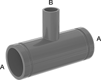 Image of Product. Front orientation. Contains Annotated. Pipe and Fittings. Easy-Access CPVC Pipe Fittings for Chemicals, Inline Tee Reducing Adapters, Grooved-End Clamp-On Male × Cement Socket Female × Grooved-End Clamp-On Male.
