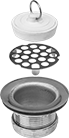 Image of Product. Front orientation. Exploded view. Sink Drains. Style F.