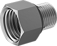 Image of Product. Female x Male. Front orientation. Pipe and Fittings. Miniature Medium-Pressure Stainless Steel Threaded Pipe Fittings, Straight Reducing Adapters with Gasket, Female, Male, Threaded Fitting Connection, Hex Body.