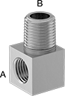 Image of Product. Female × Male. Front orientation. Contains Annotated. Pipe and Fittings. Miniature Medium-Pressure Stainless Steel Threaded Pipe Fittings, 90° Elbow Reducing Adapters, Male, Female, Threaded Fitting Connection.