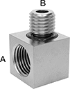 Image of Product. Female x Male. Front orientation. Contains Annotated. Pipe and Fittings. Miniature Medium-Pressure Stainless Steel Threaded Pipe Fittings, 90° Elbow Adapters with Gasket, Male, Threaded Fitting Connection, Female.