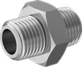 Image of Product. Male. Front orientation. Contains Annotated. Pipe and Fittings. Miniature Medium-Pressure Stainless Steel Threaded Pipe Fittings, Straight Connectors, Threaded Fitting Connection, Male, Hex Body.