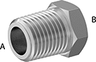 Image of Product. Male x Female. Front orientation. Contains Annotated. Pipe and Fittings. Miniature Medium-Pressure Stainless Steel Threaded Pipe Fittings, Bushing Straight Reducing Adapters, Male, Threaded Fitting Connection, Female, Hex Body.