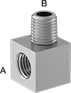 Image of Product. Female x Male. Front orientation. Contains Annotated. Pipe and Fittings. Miniature Medium-Pressure Stainless Steel Threaded Pipe Fittings, 90° Elbow Adapters, Male, Female, Threaded Fitting Connection.