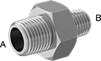 Image of Product. Male x Male. Front orientation. Contains Annotated. Pipe and Fittings. Miniature Medium-Pressure Stainless Steel Threaded Pipe Fittings, Straight Reducers, Threaded Fitting Connection, Male, Hex Body.