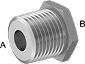 Image of Product. Male x Female. Front orientation. Contains Annotated. Pipe and Fittings. Medium-Pressure Stainless Steel Threaded Pipe Fittings, Bushing Straight Reducing Adapters, Male, Female, Threaded Fitting Connection, Hex Body.