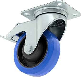 Image of Product. Front orientation. Easy-Roll Caster, Blue Rubber Wheel, Swivel with Brake, 4" Diameter Wheel.