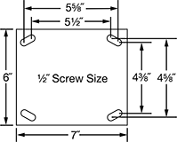 Image of Specification. Front orientation. Contains Annotated. Mounting Plate Style 1 . Sure-Fire Casters with Rubber Wheels.