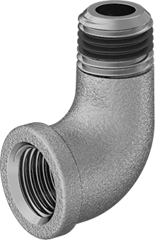 Image of Product. Front orientation. Low-Pressure Brass Pipe Fitting with Sealant, 90 Degree Elbow Adapter, 1/4 NPT Female x Male.