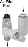 Image of Product. Bottom orientation. Contains Annotated. Air Flow Control Valves. Air-Operated Air Flow Control Valves with Safety Shut-Off, Push-to-Connect Female Inlet × NPT Male Outlet × Female Air Pilot.