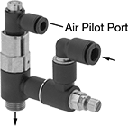 Image of Product. Front orientation. Contains Annotated. Air Flow Control Valves. Air-Operated Air Flow Control Valves with Safety Shut-Off, Push-to-Connect Female Inlet × BSPP Male Outlet × Push-to-Connect Female Air Pilot.