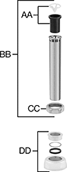 Image of System. Front orientation. Exploded view. Contains Annotated. Flush Valve Replacement Parts. Zurn Flush Valve Replacement Parts, Vacuum Breaker and Spud Coupling Components.