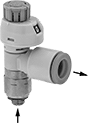 Image of Product. Front orientation. Contains Annotated. Air Flow Control Valves. Elbow Air Flow Control Valves with Flow Indicator.