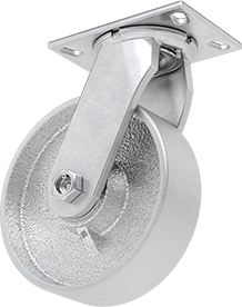 Image of Product. Front orientation. Viking Caster with 6-1/4" x 4-1/2" Plate, High-Capacity, Swivel with 8" Diameter Iron Wheel.