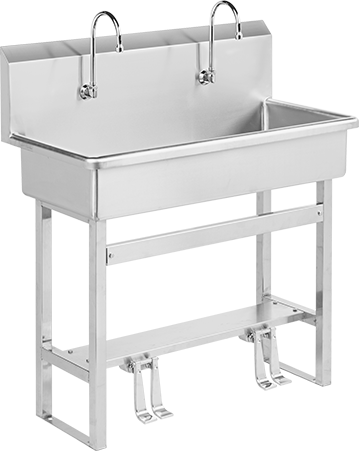 Image of Product. Style D. Front orientation. Hands-Free Stainless Steel Sink, 40" x 20" x 49-1/4" Overall, 0.5 gpm Flow Rate.