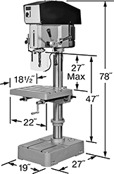 Image of Product. Front orientation. Contains Annotated. Drill Presses. Floor-Mount Drill Presses, 20" Maximum Workpiece Diameter.