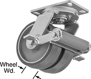 Image of Product. Dual-Wheel Swivel with Brake. Front orientation. Contains Annotated. Green Wheel. Extra-High-Capacity Viking Casters with Polyurethane Wheels, Swivel with Brake, 2 Wheels.
