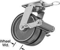 Image of Product. Dual-Wheel Swivel with Brake and Swivel Lock. Front orientation. Contains Annotated. Green Wheel. Extra-High-Capacity Viking Casters with Polyurethane Wheels, Swivel with Brake and Swivel Lock, 2 Wheels.