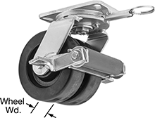Image of Product. Front orientation. Contains Annotated. Casters. Extra-High-Capacity Viking Casters with Nylon Wheels, Swivel with Brake and Swivel Lock.