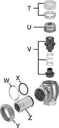 Image of System. Front orientation. Exploded view. Contains Annotated. Flush Valve Replacement Parts. Zurn Flush Valve Replacement Parts, Control Stop and Tailpiece Components.