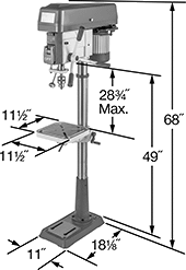 Image of Product. Front orientation. Contains Annotated. Drill Presses. Adjustable-Speed Economy Floor-Mount Drill Presses, 15" Maximum Workpiece Diameter.