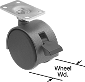 Image of Product. Swivel with Hood and Brake. Front orientation. Contains Annotated. Light Duty Furniture Casters with Nylon Wheels, Swivel with Brake.