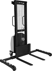 Image of Product. Front orientation. Lift Trucks. Battery-Operated Lift Trucks with Forks, Adjustable-Width Straddle Base.