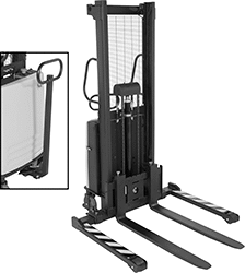 Image of Product. Front orientation. Contains Inset. Lift Trucks. Battery-Operated Lift Trucks with Forks, Adjustable-Width Straddle Base, Pivoting Handle.