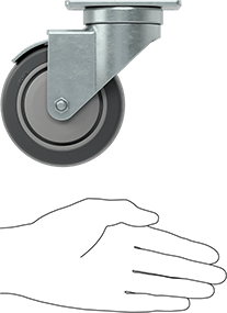 Image of Product. Side1 orientation. Contains SizingReference. Mighty-Lite Caster, 3-5/8" x 2-1/2" Plate, Swivel with Brake and 4" 80A Rubber Wheel.