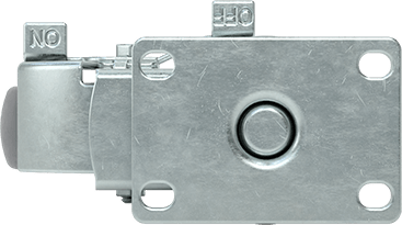 Image of Product. Top orientation. Mighty-Lite Caster, 3-5/8" x 2-1/2" Plate, Swivel with Brake and 4" 80A Rubber Wheel.