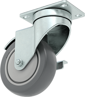 Image of Product. Front orientation. Mighty-Lite Caster, 3-5/8" x 2-1/2" Plate, Swivel with Brake and 4" 80A Rubber Wheel.