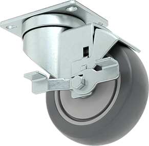 Image of Product. Back orientation. Mighty-Lite Caster, 3-5/8" x 2-1/2" Plate, Swivel with Brake and 4" 80A Rubber Wheel.