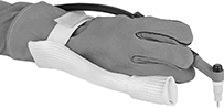 Image of ProductInUse. Front orientation. Finger Cots. Welding Finger Cots, Silica Fabric, Covers Partial Hand.
